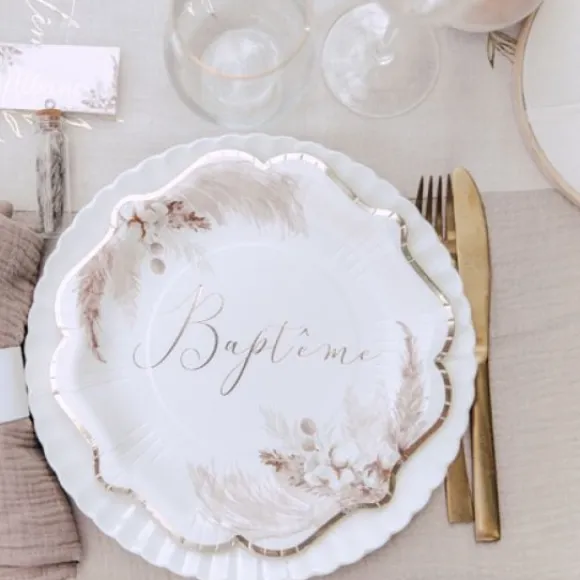 8 Assiettes Carton Bapt Me Pampas Fleurs De Coton