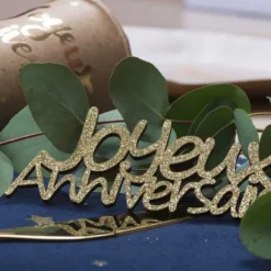 4 Deco En Bois Joyeux Anniversaire Paillettes Or