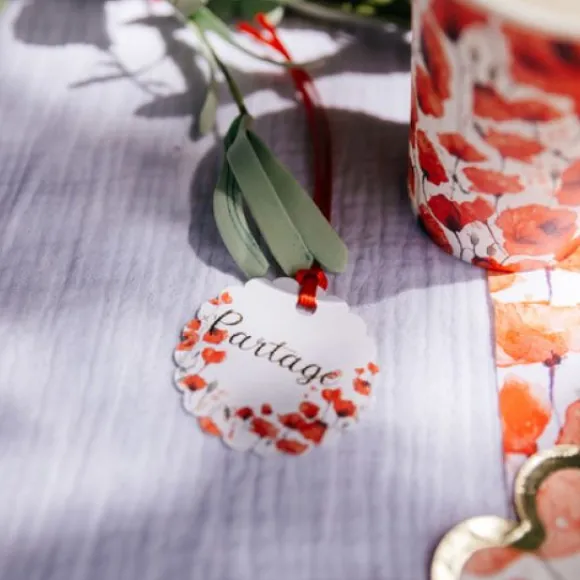 10 Etiquettes Coquelicots Avec Ruban Satin Rouge