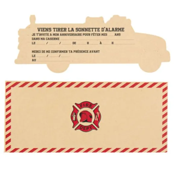 8 Invitations Pompier Kraft Rouge