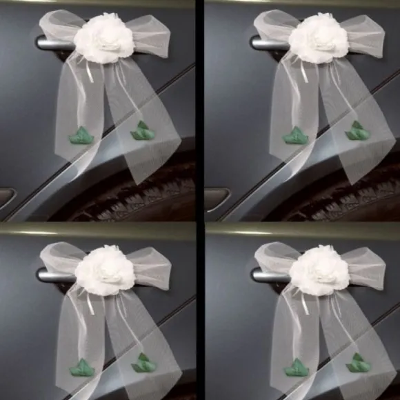 4 Noeuds Organza Blanc Avec Feuilles Vertes