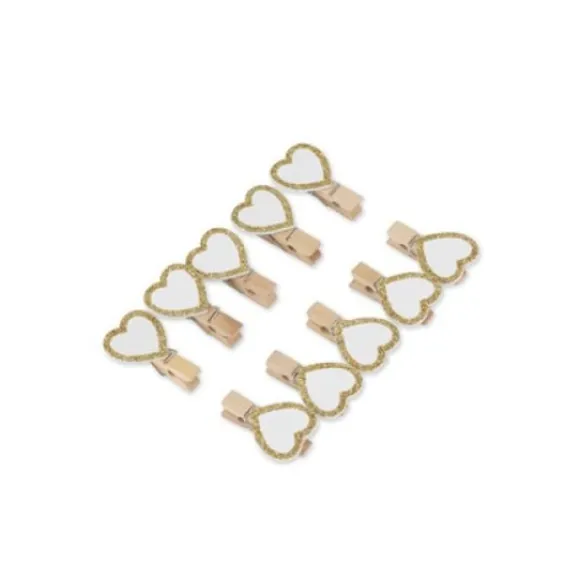 10 Pinces Coeur Blanc Paillet Or