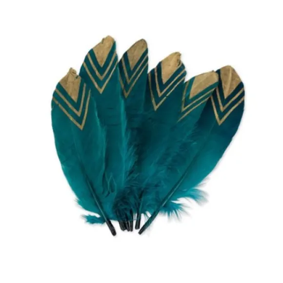 6 Plumes Ethniques Bleu Paon Or 18-20Cm