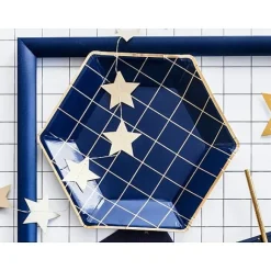 Assiette En Carton Hexagonale Bleu Marine Et Or 23Cm X 6 Pi Ces