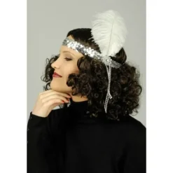 Bandeau En Paillette Argent Avec Plume Blanche