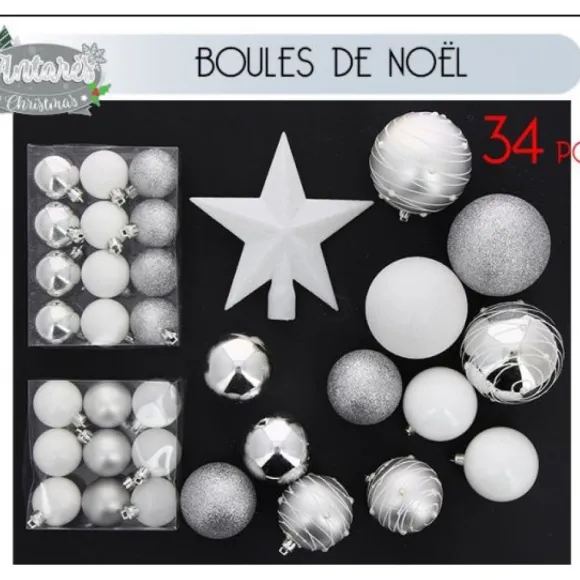 Boule De Noel Assorties Blanc Et Argent X 34 Pi Ces