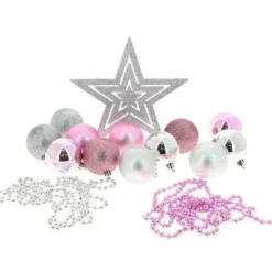 Boule De Noel Avec Cimier Rose Et Argent X 14 Pi Ces