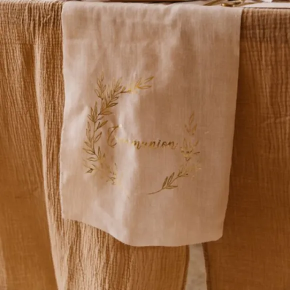 Chemin De Table Communion Mousseline Blanc Liser Vegetal Or