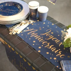 Chemin De Table Joyeux Anniversaire Bleu Marine 28Cm X 3 M Tres