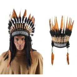 Coiffe Indienne Poils Noirs Plumes Marrons