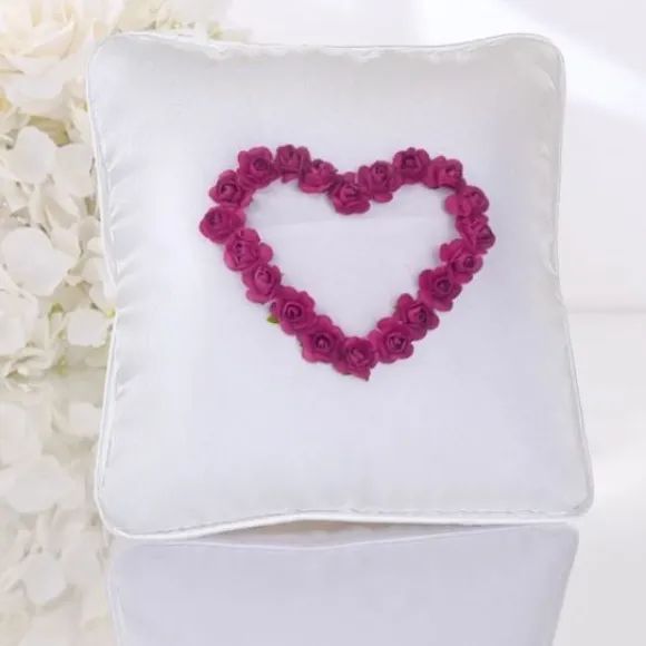 Coussin Porte Alliance En Tissu Satin Avec Coeur Fuchsia