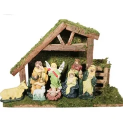 Creche De Noel En Bois Avec 9 Santons