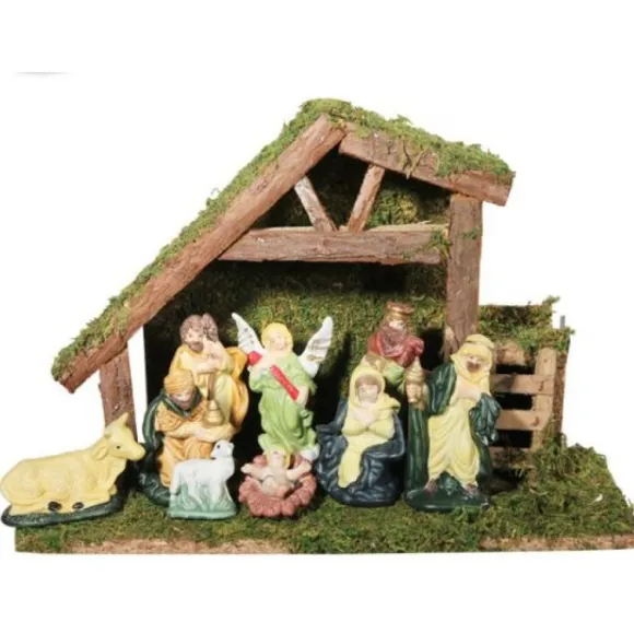 Creche De Noel En Bois Avec 9 Santons