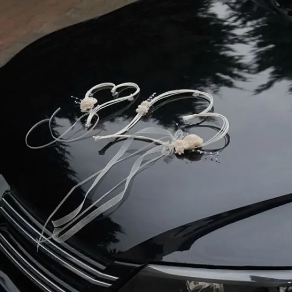 D Coration De Voiture Mariage De 2 Coeurs Perl Ecru
