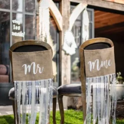 Dos De Chaise Mr Mme En Jute Et Frange Dentelle X 2 Pi Ces