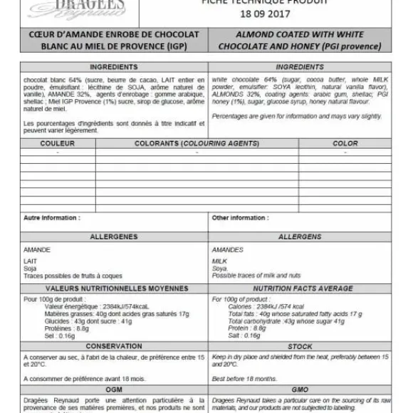 Dragees Coeur D'Amande Miel X 500Gr