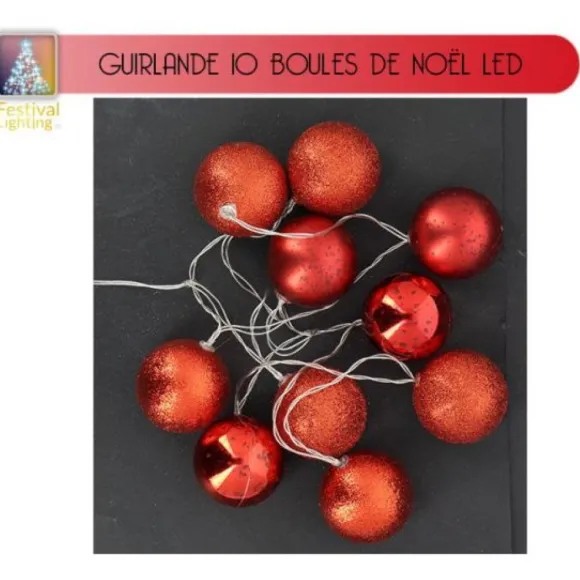 Guirlande Lumineuse 10 Boules De Noel Led Rouge