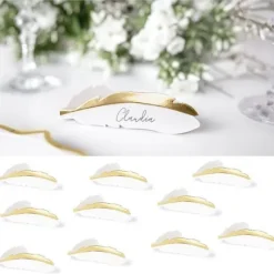 Lot De 10 Marque Places Plume Or Et Blanc