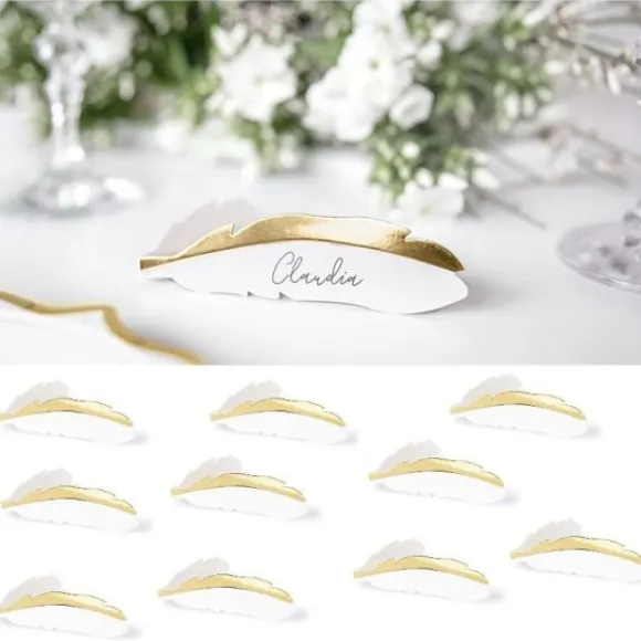 Lot De 10 Marque Places Plume Or Et Blanc