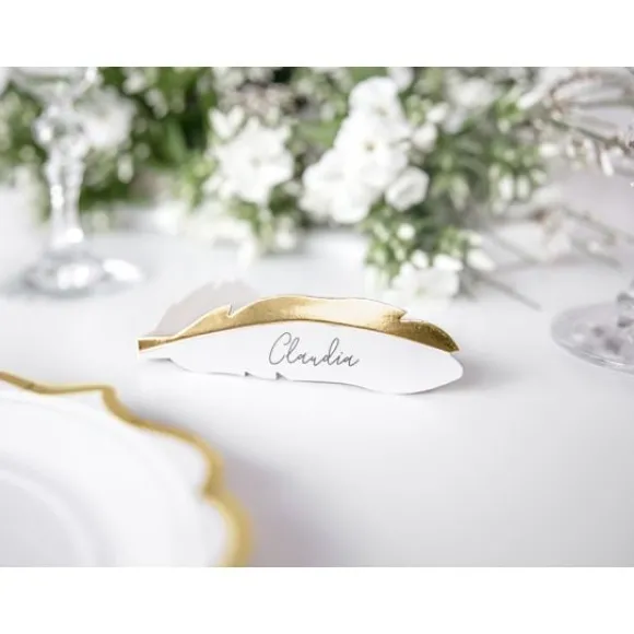 Lot De 10 Marque Places Plume Or Et Blanc