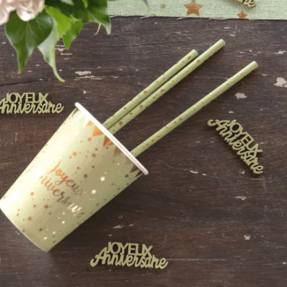 Pailles En Carton Joyeux Anniversaire Vert Sauge X20 Pi Ces