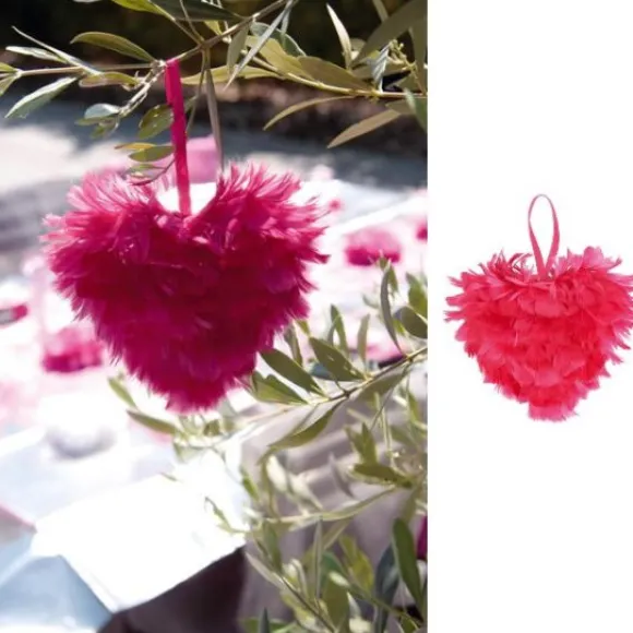 Petit Coeur En Plume Fuchsia 12Cm