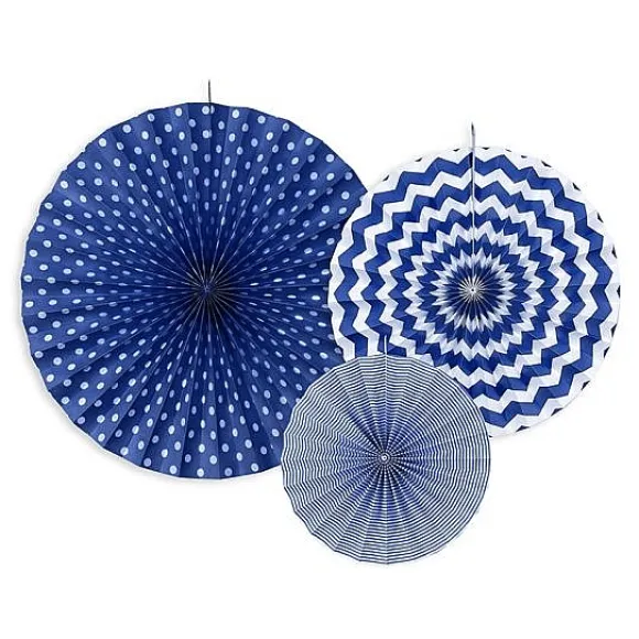 Rosace Eventail En Papier Bleu Marine A Suspendre X 3 Pi Ces