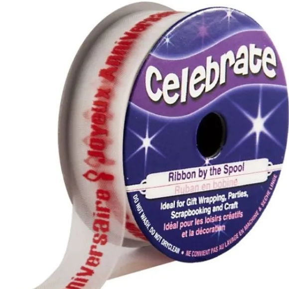 Ruban En Bobine Organza Blanc Imprim Rouge Joyeux Anniversaire