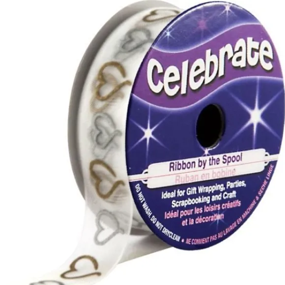 Ruban En Bobine Organza Blanc Imprim Coeur Or Et Argent