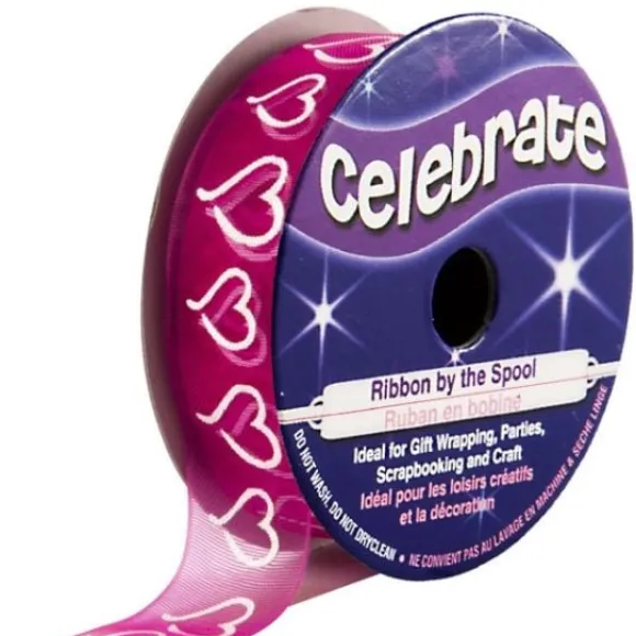 Ruban En Bobine Organza Fuchsia Imprim C Ur Blanc