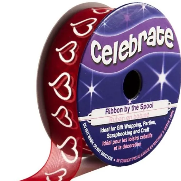 Ruban En Bobine Organza Rouge Imprim Coeur Blanc