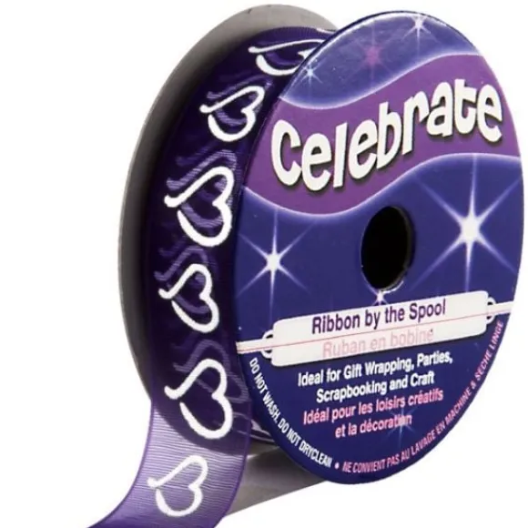 Ruban En Bobine Organza Violet Imprim Coeur Blanc