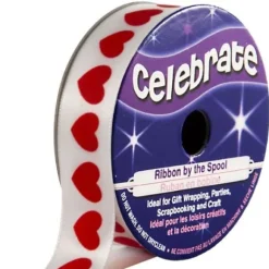 Ruban En Bobine Satin Blanc Imprim Coeur Rouge