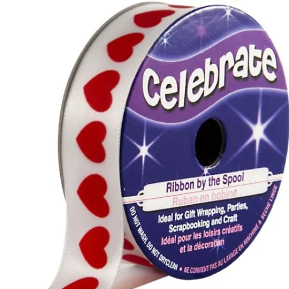 Ruban En Bobine Satin Blanc Imprim Coeur Rouge