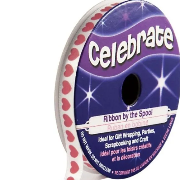 Ruban En Bobine Satin Blanc Imprim Coeur Rouge