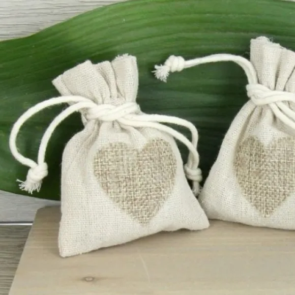 Sac A Dragees Pas Cher En Lin Et Jute Avec Coeur X 5 Pi Ces
