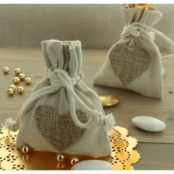 Sac A Dragees Pas Cher En Lin Et Jute Avec Coeur X 5 Pi Ces