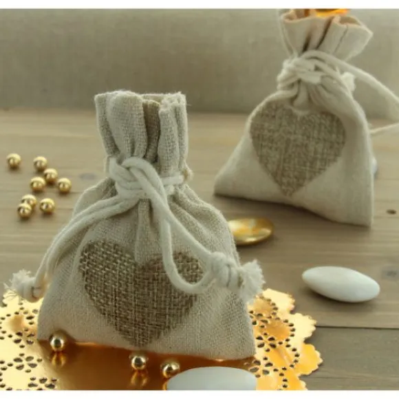 Sac A Dragees Pas Cher En Lin Et Jute Avec Coeur X 5 Pi Ces