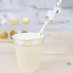Set De 10 Pailles Blanches Toiles Or Baby Cygne