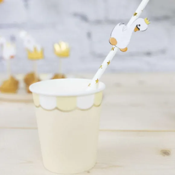 Set De 10 Pailles Blanches Toiles Or Baby Cygne