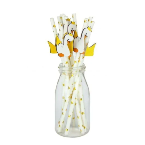Set De 10 Pailles Blanches Toiles Or Baby Cygne