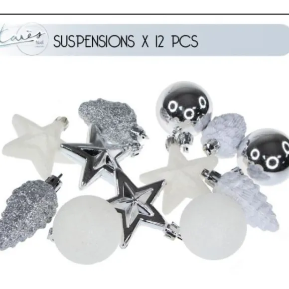 Suspension Décoration Pour Sapin De Noel Blanc Et Argent X 12 Pi Ces