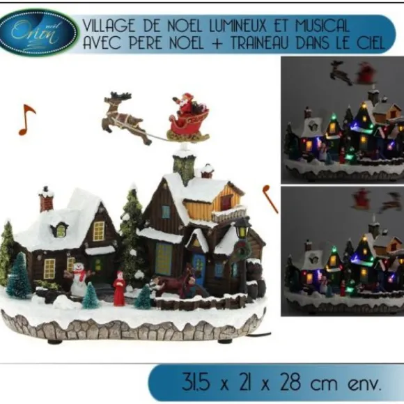 Village De Noel Lumineux Et Musical Avec Traineau Dans Le Ciel