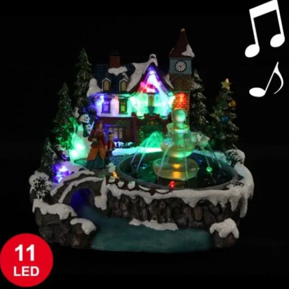 Village De Noel Miniature De La Fontaine Musical Avec 11 Led